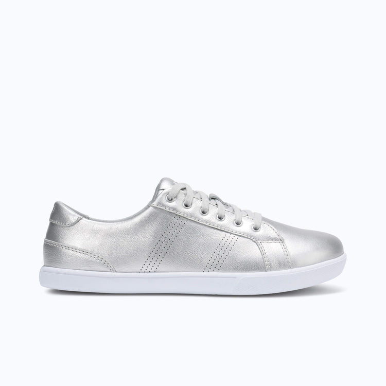 Xero Shoes Dillon Leather Women Shoe in Silver with Toe Facing Right