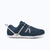 Xero Shoes Prio Men Shoe in Vintage Indigo with Gray and White Strap Wrapping Around the Heel and Side.Toe Facing Right