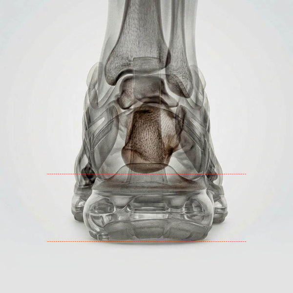 Illustration of thick rigid soles blocking sensory feedback from foot nerve endings