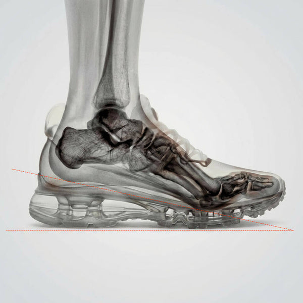 Illustration of elevated heel in conventional shoes altering posture and gait