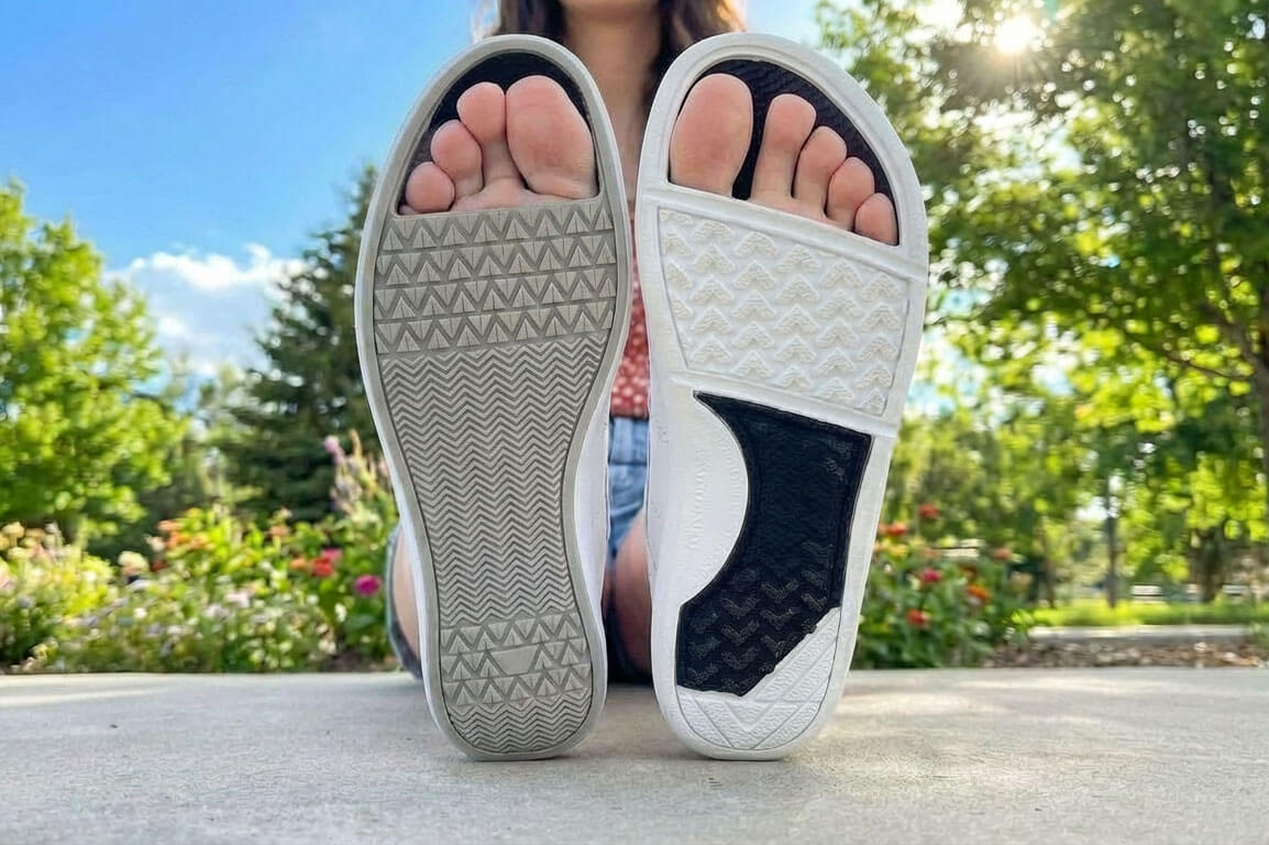 Side by side comparison of barefoot shoe sole and conventional shoe sole showing the difference in design
