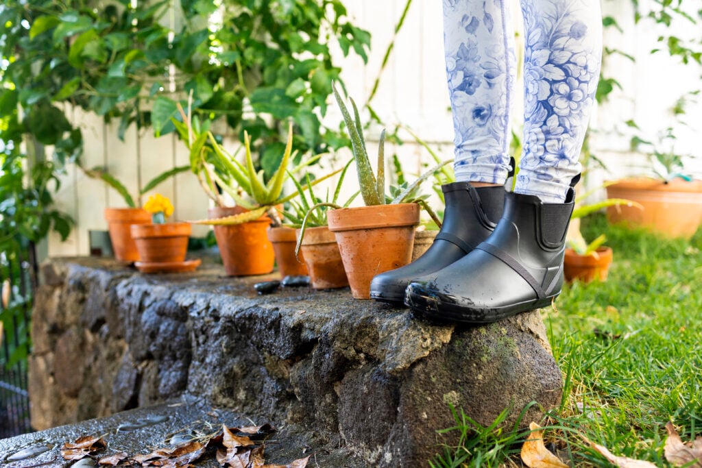 A woman wearing Gracie rain boots while tending to plants in a wet garden