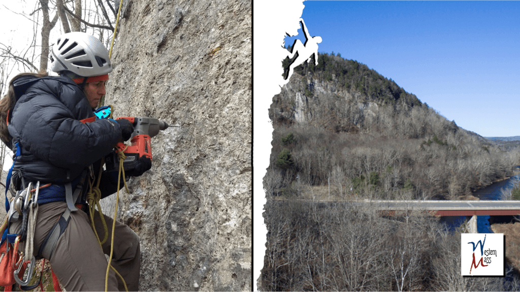 A climber using a drill to create routes in Western Massachusetts