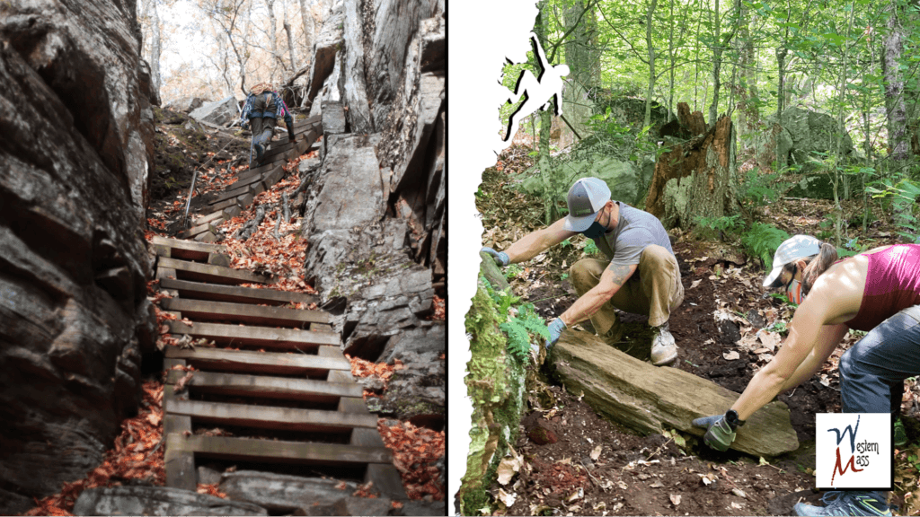 Two people building and maintaining a trail with wooden steps