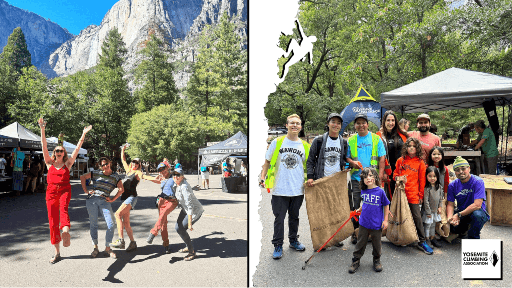 Two group photos from Yosemite Climbing Association’s annual Facelift event